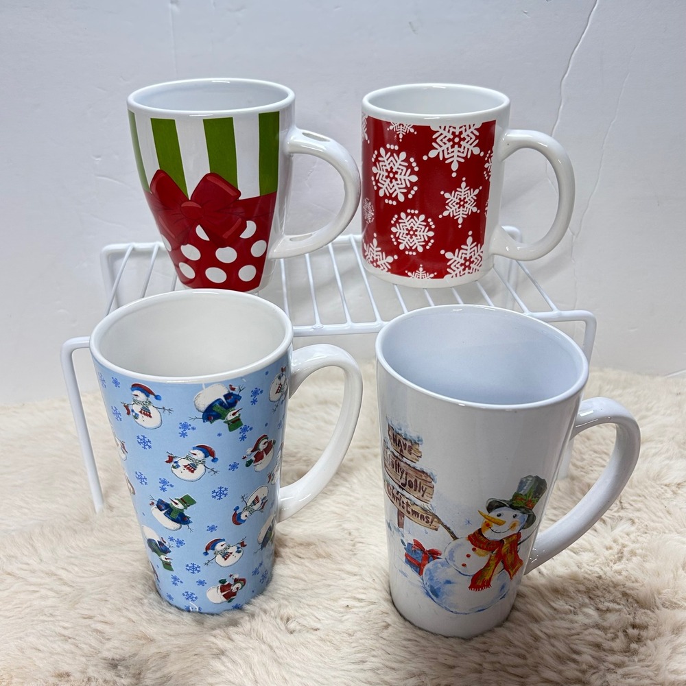 Christmas Holiday Mugs Set Of 4‎ Decorative Snowman Gift Bow Coffee Odd Mugs